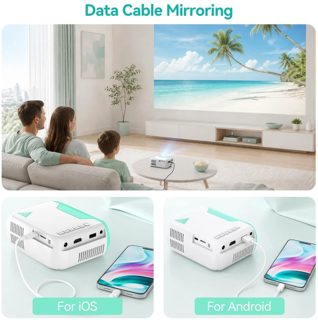 Alt view image 4 of 7 - Mini Movie Projector with Wired Screen Mirroring, Support HDMI USB Type-C | Projector Support Phone Screen Mirroring via Data Cable, HDMI USB Type-C, Compatible with Laptop TV Stick