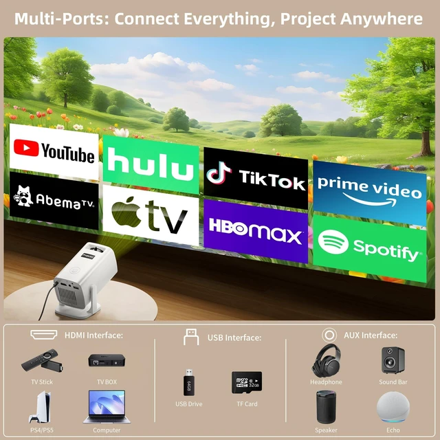 Alt view image 3 of 7 - Mini Projector 4K Support, Portable Projector Full HD 1080P Support | Short Throw, 270° Rotation, Outdoor&Indoor, Ceiling Projection, Smartphone, TV Stick, Laptop, HDMI, USB, PS5 Compatible