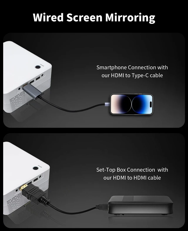 Alt view image 4 of 7 - Portable Mini Projector,Full HD 1080P 4K Support Video Projector | Outdoor Small Movie Projector Built-in Speaker, Compatible with HDMI/USB/Smartphone/TV Box,Include Screen-sharing Cables