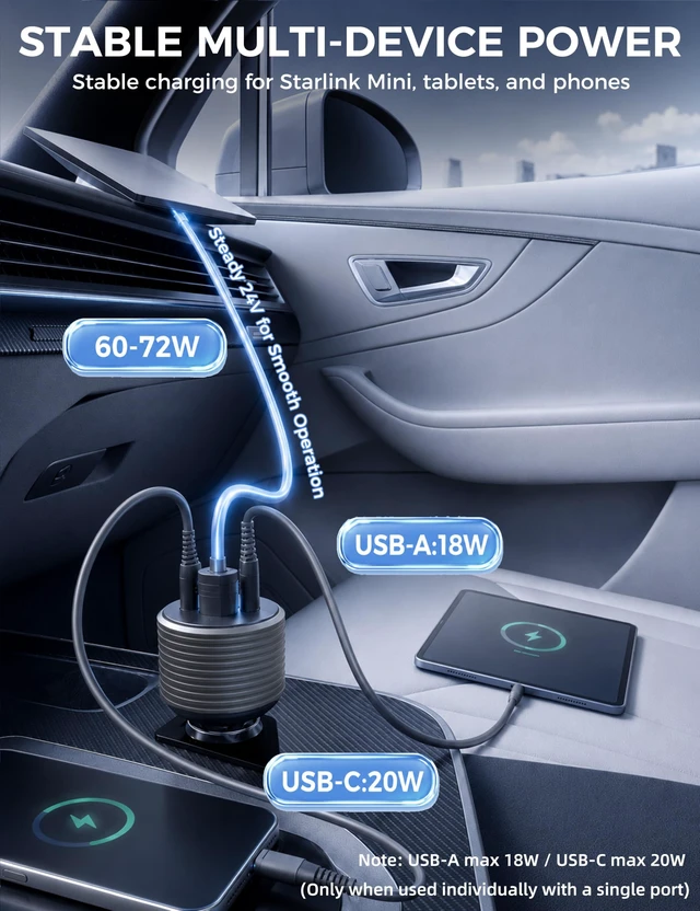 Alt view image 2 of 7 - 72W Max Stable Voltage Boost Starlink Mini Car Adapter, 3-in-1 Car Charger | 12V to 24V DC Boost Converter, Dual USB Ports, Heat-Resistant Aluminum Housing, Smart Chip, Car Adapter for Cars/Trucks/RVs