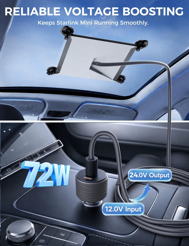 Alt view image 3 of 7 - 72W Max Stable Voltage Boost Starlink Mini Car Adapter, 3-in-1 Car Charger | 12V to 24V DC Boost Converter, Dual USB Ports, Heat-Resistant Aluminum Housing, Smart Chip, Car Adapter for Cars/Trucks/RVs