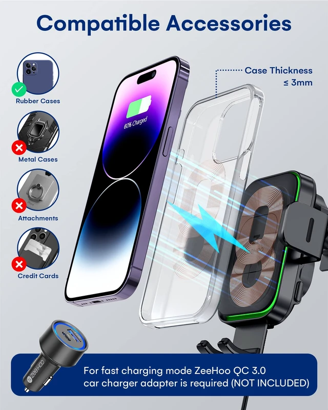 Alt view image 7 of 7 - ZEEHOO Wireless Car Charger, DUOXX Dual Coils 15W Fast Charging Auto-Clamping Car Mount, Dashboard, Vent Charging Phone Holder for iPhone 17 16 15 14 13 12, S23 Ultra, Z Flip4 3, etc