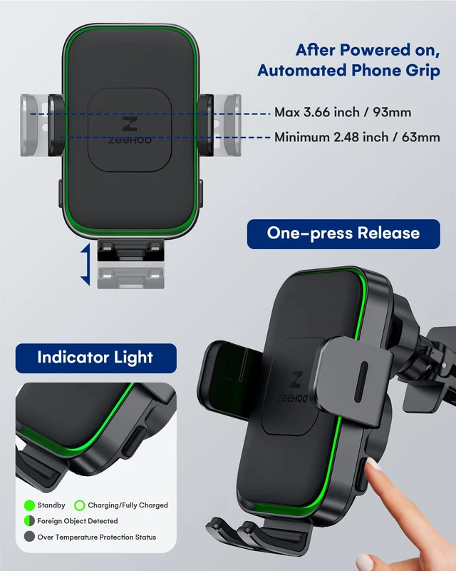 Alt view image 6 of 7 - ZEEHOO Wireless Car Charger, DUOXX Dual Coils 15W Fast Charging Auto-Clamping Car Mount, Dashboard, Vent Charging Phone Holder for iPhone 17 16 15 14 13 12, S23 Ultra, Z Flip4 3, etc