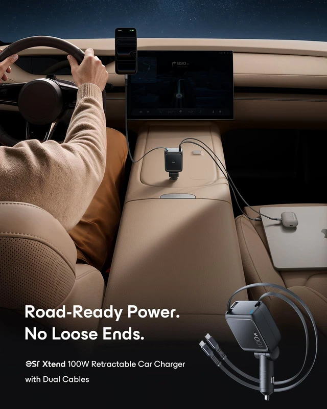Alt view image 2 of 7 - ESR Xtend 100W Retractable Car Charger USB-C & USB-A, Fast Charge, 3-in-1 | Car Cigarette Lighter Adapter, Car Phone Charger, Car Accessories for iPhone 18 Pro/Duo/17-12, Samsung/Google, MacBook, iPad