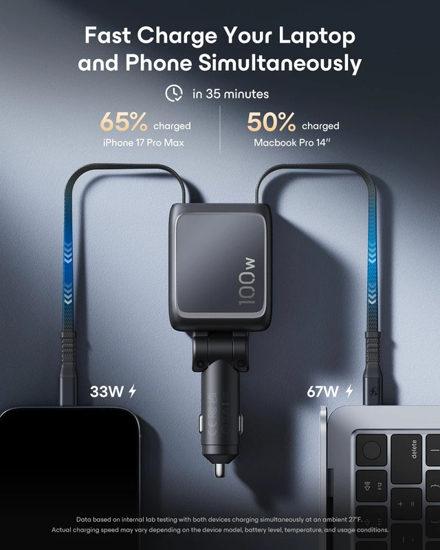 Alt view image 3 of 7 - ESR Xtend 100W Retractable Car Charger USB-C & USB-A, Fast Charge, 3-in-1 | Car Cigarette Lighter Adapter, Car Phone Charger, Car Accessories for iPhone 18 Pro/Duo/17-12, Samsung/Google, MacBook, iPad
