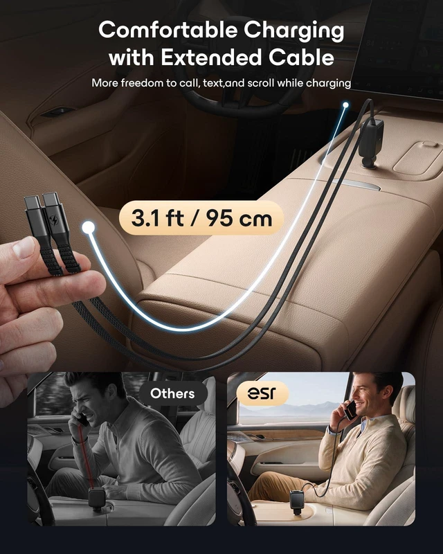 Alt view image 5 of 7 - ESR Xtend 100W Retractable Car Charger USB-C & USB-A, Fast Charge, 3-in-1 | Car Cigarette Lighter Adapter, Car Phone Charger, Car Accessories for iPhone 18 Pro/Duo/17-12, Samsung/Google, MacBook, iPad