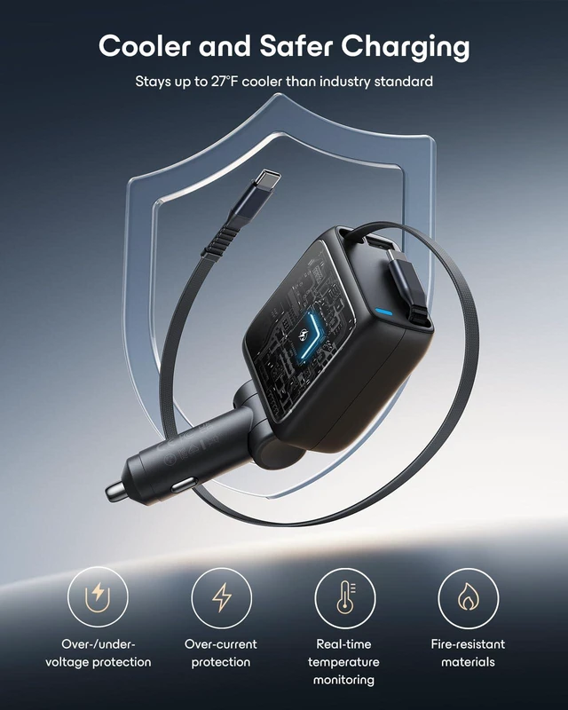 Alt view image 7 of 7 - ESR Xtend 100W Retractable Car Charger USB-C & USB-A, Fast Charge, 3-in-1 | Car Cigarette Lighter Adapter, Car Phone Charger, Car Accessories for iPhone 18 Pro/Duo/17-12, Samsung/Google, MacBook, iPad