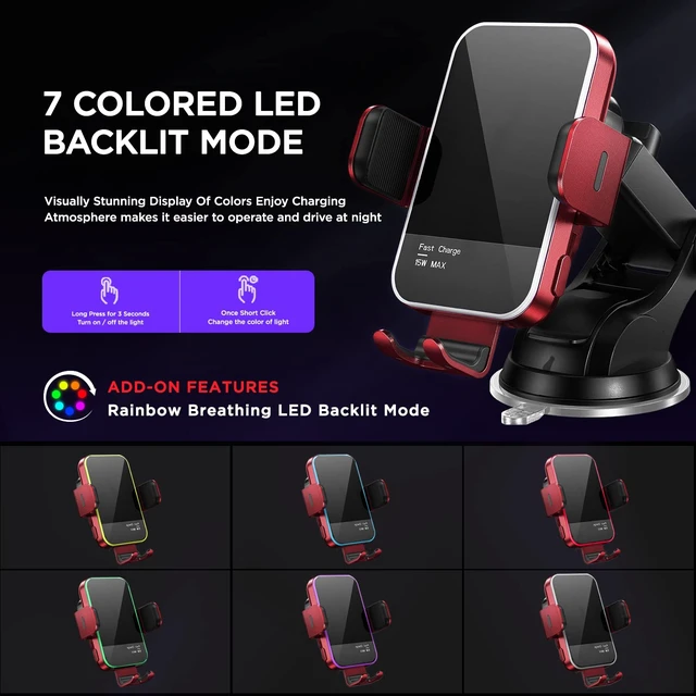 Alt view image 2 of 7 - Wireless Car Charger,7 Colored RGB BacklitMosurr 15W Auto Clamping Car Charger Phone Mount Holder fit for iPhone 15 14 13 12 Mini Pro Max 11 XR XS, Samsung Galaxy S24 Ultra S23 S22 S21+ Note 20, etc