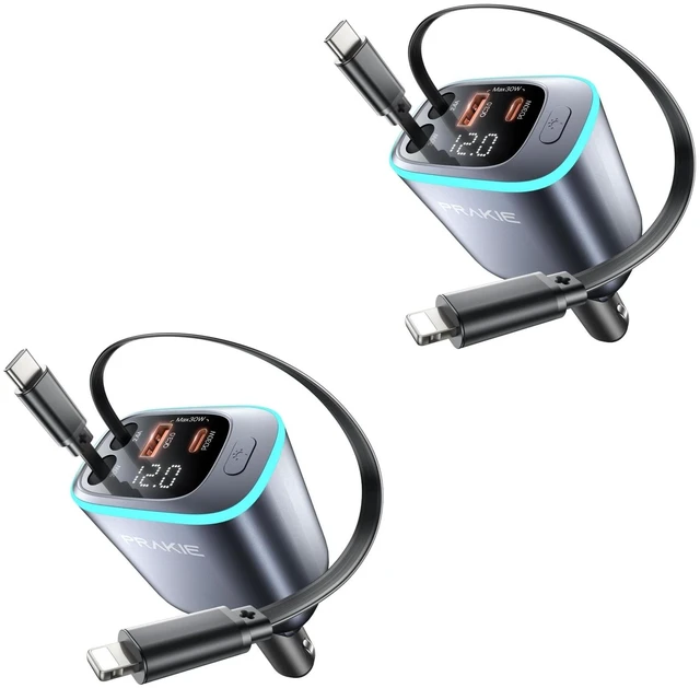 Main image of 4 in 1 Car Charger, Retractable iPhone Car Charger Fast USB C Phone Charger | Cigarette Lighter with 2 Cable 25 Inch and 2 USB Ports
