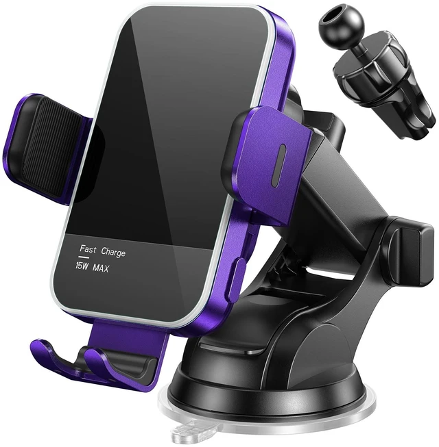Main image of Wireless Car Charger,7 Colored RGB Backlit15W Auto Clamping Car Charger Phone Mount Holder for iPhone 16 15 14 13 12 Mini Pro Max 11, Samsung Galaxy S24 Ultra S23 S22 S21+ S10+ Note 20, etc - Purple