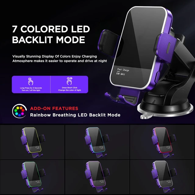 Alt view image 2 of 7 - Wireless Car Charger,7 Colored RGB Backlit15W Auto Clamping Car Charger Phone Mount Holder for iPhone 16 15 14 13 12 Mini Pro Max 11, Samsung Galaxy S24 Ultra S23 S22 S21+ S10+ Note 20, etc - Purple