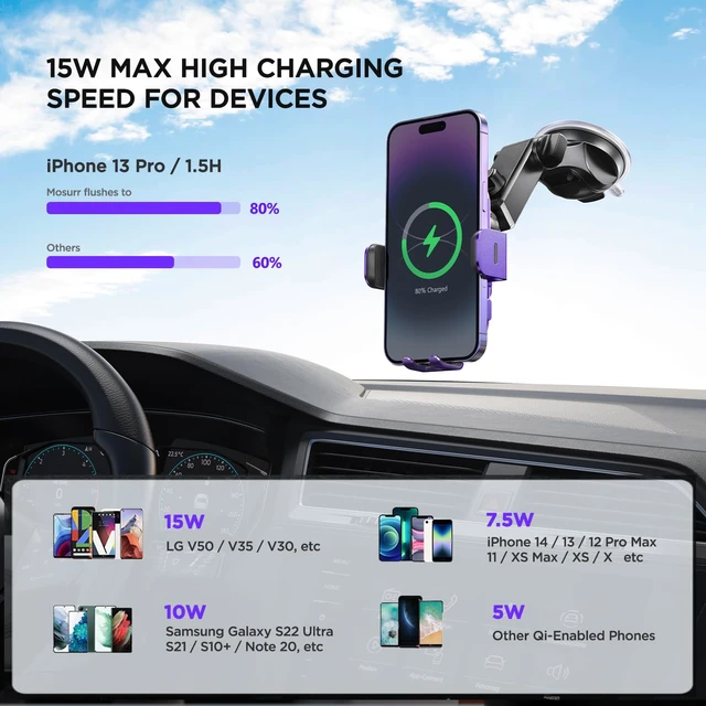 Alt view image 3 of 7 - Wireless Car Charger,7 Colored RGB Backlit15W Auto Clamping Car Charger Phone Mount Holder for iPhone 16 15 14 13 12 Mini Pro Max 11, Samsung Galaxy S24 Ultra S23 S22 S21+ S10+ Note 20, etc - Purple