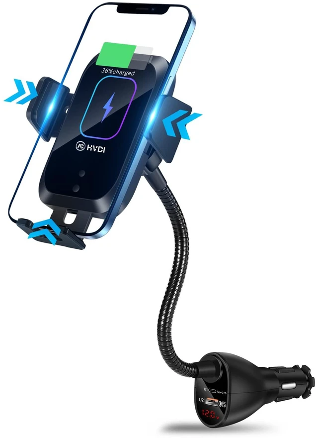 Main image of HVDI Wireless Car Charger Mount,Car Cigarette Lighter 15W Qi Fast Charging Auto-Clamping Dual QC 3.0 Port Air Vent Car Charger Phone Holder,for iPhone 13 Pro Max/12/11/XR/X/8,Samsung S21/S20/S10/9/8