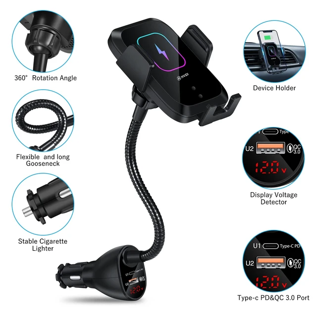 Alt view image 3 of 6 - HVDI Wireless Car Charger Mount,Car Cigarette Lighter 15W Qi Fast Charging Auto-Clamping Dual QC 3.0 Port Air Vent Car Charger Phone Holder,for iPhone 13 Pro Max/12/11/XR/X/8,Samsung S21/S20/S10/9/8