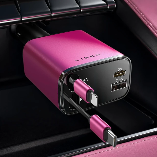 Main image of LISEN Retractable Car Charger, 84W Car Charger USB C Fast Charger Adapter, Car Accessories for Men Women, Gifts for Fathers Day for Men Dad Husband, for iPhone 17 16 15 14 13 12 Pro Max, Pink-Black