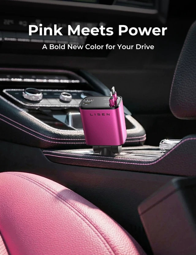 Alt view image 2 of 7 - LISEN Retractable Car Charger, 84W Car Charger USB C Fast Charger Adapter, Car Accessories for Men Women, Gifts for Fathers Day for Men Dad Husband, for iPhone 17 16 15 14 13 12 Pro Max, Pink-Black