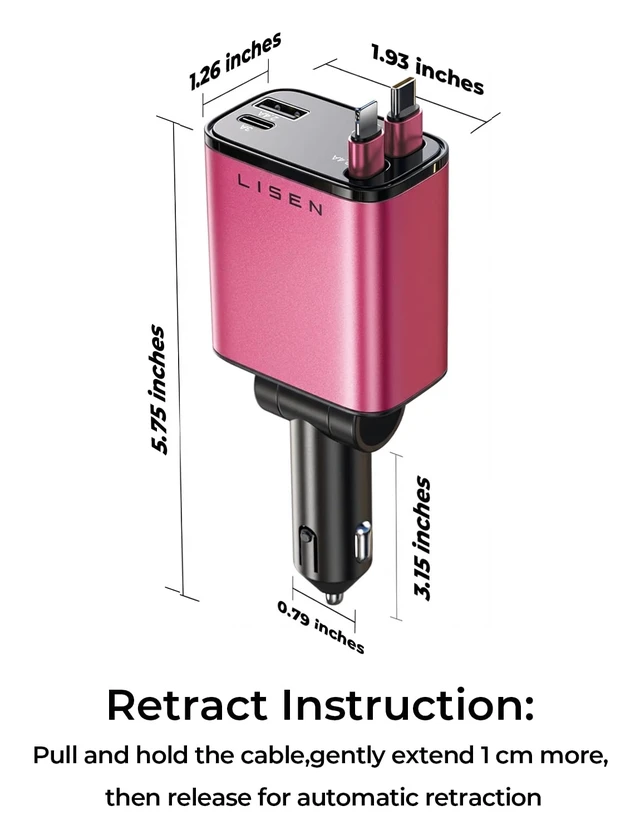 Alt view image 7 of 7 - LISEN Retractable Car Charger, 84W Car Charger USB C Fast Charger Adapter, Car Accessories for Men Women, Gifts for Fathers Day for Men Dad Husband, for iPhone 17 16 15 14 13 12 Pro Max, Pink-Black