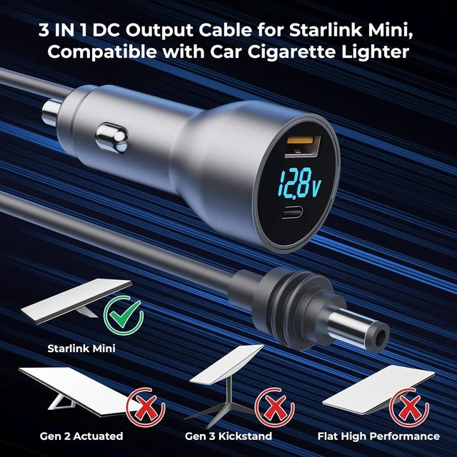 Alt view image 2 of 7 - Starlink Mini Car Adapter, Starlink Mini Car Charger, 3-in-1 DC Power Cable with 12V-48V Cigarette Lighter Adapter,PD 30W + USB-A 30W + DC 72W Car Power Supply for Trucks, RVs, Boats(10.1Ft)