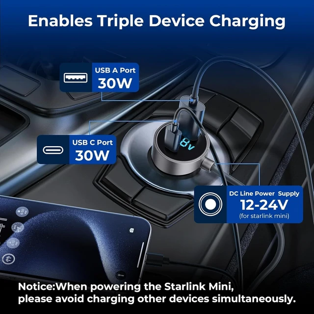Alt view image 5 of 7 - Starlink Mini Car Adapter, Starlink Mini Car Charger, 3-in-1 DC Power Cable with 12V-48V Cigarette Lighter Adapter,PD 30W + USB-A 30W + DC 72W Car Power Supply for Trucks, RVs, Boats(10.1Ft)