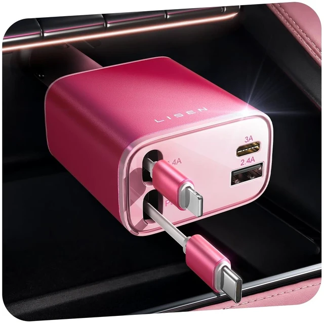 Main image of LISEN Retractable Car Charger, Pink-White | Multiple Ports Car Charger, Retractable Car Charger Fast Charge for iPad, for Samsung, Car Accessories for Men, Pink-White