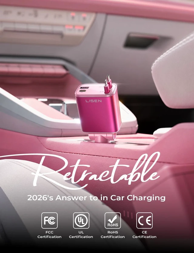 Alt view image 2 of 7 - LISEN Retractable Car Charger, Pink-White | Multiple Ports Car Charger, Retractable Car Charger Fast Charge for iPad, for Samsung, Car Accessories for Men, Pink-White