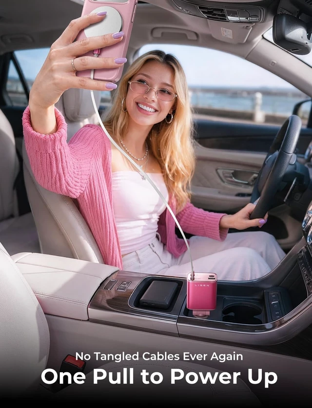 Alt view image 3 of 7 - LISEN Retractable Car Charger, Pink-White | Multiple Ports Car Charger, Retractable Car Charger Fast Charge for iPad, for Samsung, Car Accessories for Men, Pink-White
