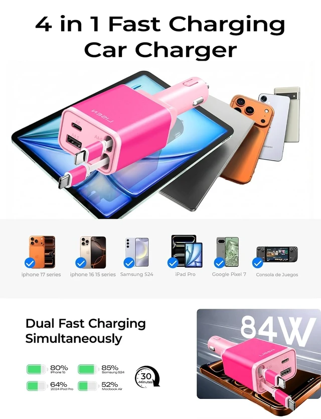 Alt view image 6 of 7 - LISEN Retractable Car Charger, Pink-White | Multiple Ports Car Charger, Retractable Car Charger Fast Charge for iPad, for Samsung, Car Accessories for Men, Pink-White