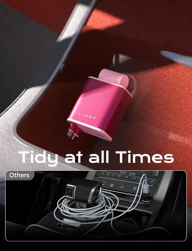 Alt view image 7 of 7 - LISEN Retractable Car Charger, Pink-White | Multiple Ports Car Charger, Retractable Car Charger Fast Charge for iPad, for Samsung, Car Accessories for Men, Pink-White