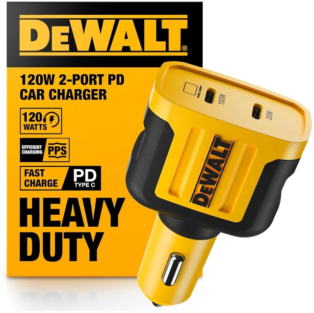Main image of DEWALT Heavy Duty USB C Car Charger, 120W 2-Port PD 3.0 Type C Adapter, PPS Fast Charging w/Power Delivery for iPhone 17 16 15 14 13 Pro Max Mini Galaxy S22/S20/S10 Pixel iPad/iPad mini