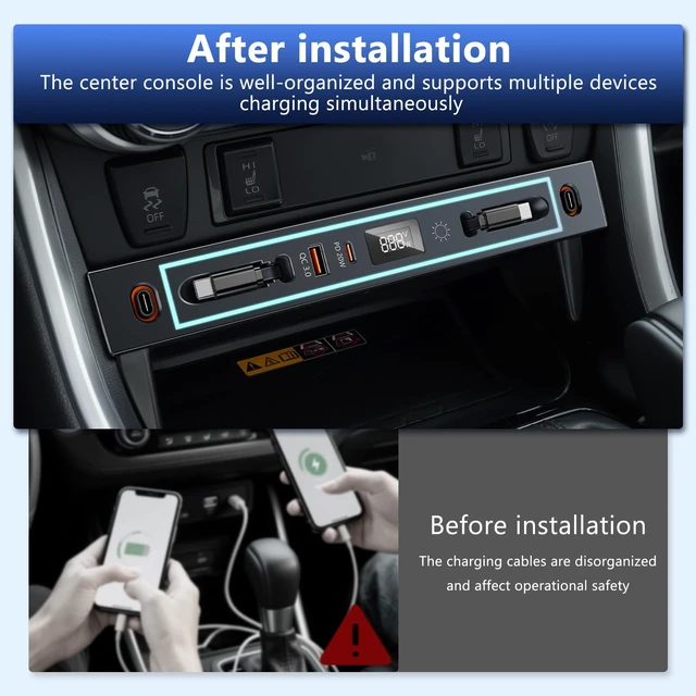 Alt view image 2 of 7 - ELOHEI Car Charger for Toyota RAV4 Hub USB with 8-Color Ambient Light | Fast Charger for Toyota RAV4 Accessories 2020 2021 2022 2023 2024 2025 Multi Port Retractable Docking Station