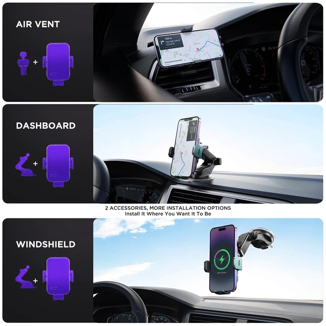 Alt view image 6 of 7 - Wireless Car Charger,7 Colored LED Backlit 15W Auto Clamping Phone Mount Holder fit for iPhone 15 14 13 12 Mini Pro Max 11 XR XS X, Samsung Galaxy S23 Ultra S22 S21+ S10+ Note 20, etc - Green