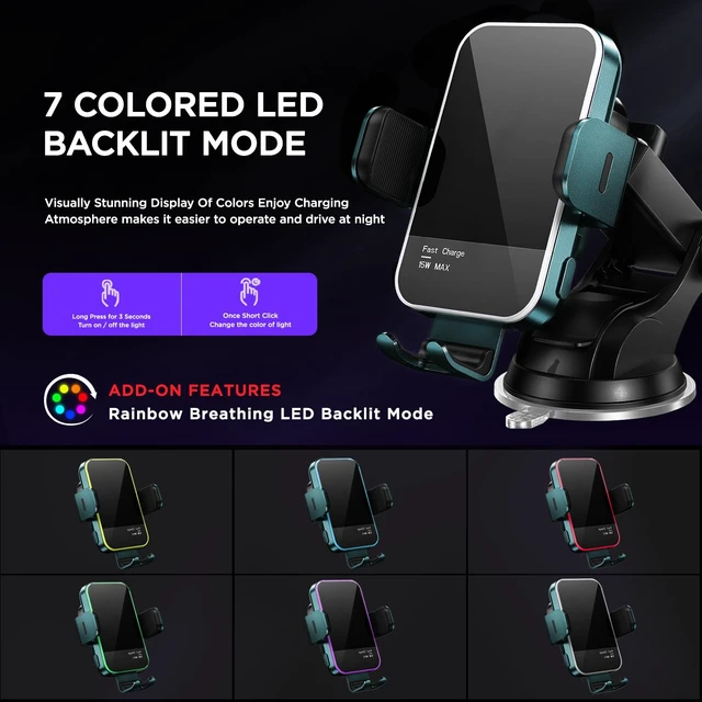 Alt view image 2 of 7 - Wireless Car Charger,7 Colored LED Backlit 15W Auto Clamping Phone Mount Holder fit for iPhone 15 14 13 12 Mini Pro Max 11 XR XS X, Samsung Galaxy S23 Ultra S22 S21+ S10+ Note 20, etc - Green