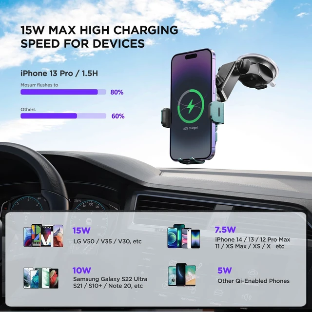 Alt view image 3 of 7 - Wireless Car Charger,7 Colored LED Backlit 15W Auto Clamping Phone Mount Holder fit for iPhone 15 14 13 12 Mini Pro Max 11 XR XS X, Samsung Galaxy S23 Ultra S22 S21+ S10+ Note 20, etc - Green