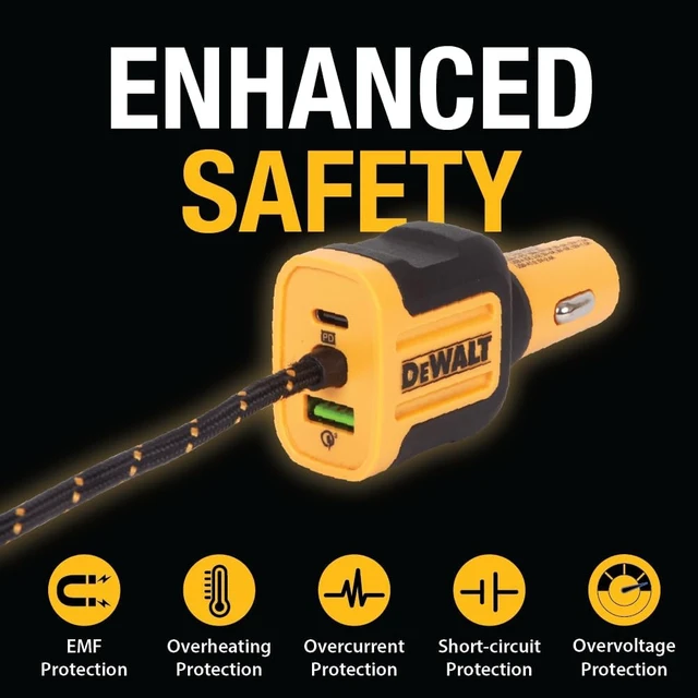 Alt view image 2 of 7 - DEWALT Heavy Duty 72W 5 Port USB Car Charger Multiport, iPhone 17 Multi USB | Car Charger, Fast Charge PD & QC3.0 Cigarette Lighter Adapter w/ 6FT Cable, Type C Front