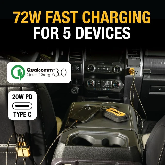 Alt view image 3 of 7 - DEWALT Heavy Duty 72W 5 Port USB Car Charger Multiport, iPhone 17 Multi USB | Car Charger, Fast Charge PD & QC3.0 Cigarette Lighter Adapter w/ 6FT Cable, Type C Front