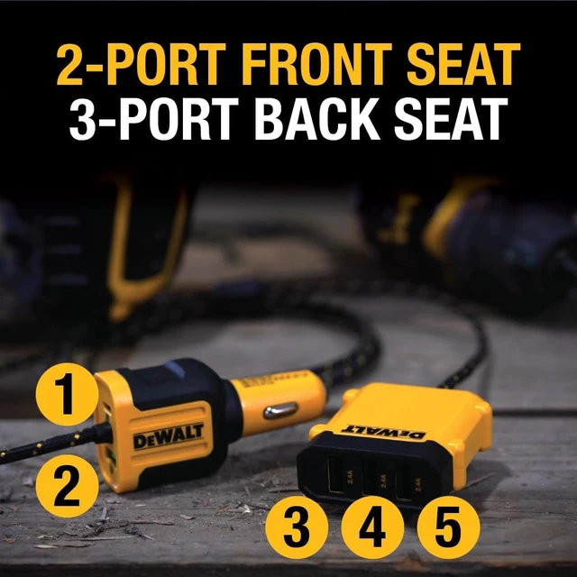 Alt view image 5 of 7 - DEWALT Heavy Duty 72W 5 Port USB Car Charger Multiport, iPhone 17 Multi USB | Car Charger, Fast Charge PD & QC3.0 Cigarette Lighter Adapter w/ 6FT Cable, Type C Front