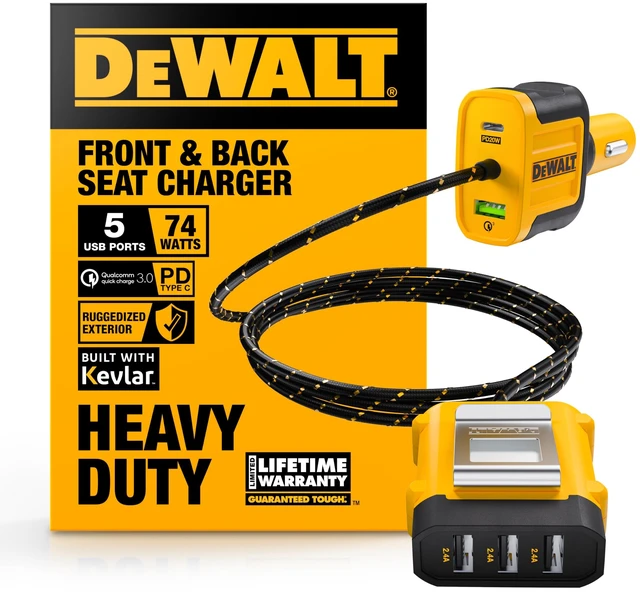 Main image of DEWALT Heavy Duty 72W 5 Port USB Car Charger Multiport, iPhone 17 Multi USB | Car Charger, Fast Charge PD & QC3.0 Cigarette Lighter Adapter w/ 6FT Cable, Type C Front