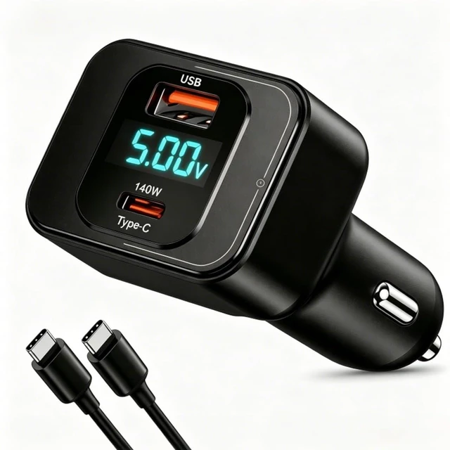 Main image of 170W USB C Car Charger, PD3.1 140W + 30W Dual-Port Fast Charging Adapter with 240W USB-C Cable, Smart Digital Voltage/Power Display, 12V-24V for MacBook Pro/Air, iPhone 17/16, Galaxy S26/S25, iPad