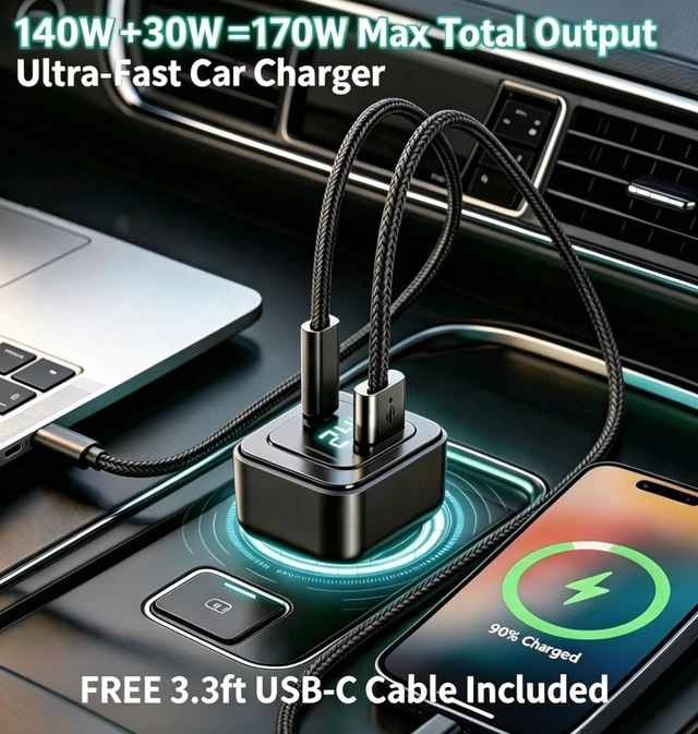 Alt view image 2 of 4 - 170W USB C Car Charger, PD3.1 140W + 30W Dual-Port Fast Charging Adapter with 240W USB-C Cable, Smart Digital Voltage/Power Display, 12V-24V for MacBook Pro/Air, iPhone 17/16, Galaxy S26/S25, iPad