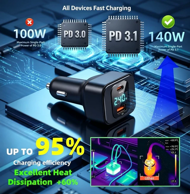 Alt view image 3 of 4 - 170W USB C Car Charger, PD3.1 140W + 30W Dual-Port Fast Charging Adapter with 240W USB-C Cable, Smart Digital Voltage/Power Display, 12V-24V for MacBook Pro/Air, iPhone 17/16, Galaxy S26/S25, iPad