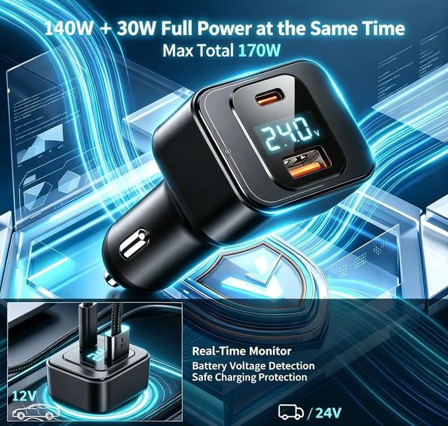 Alt view image 4 of 4 - 170W USB C Car Charger, PD3.1 140W + 30W Dual-Port Fast Charging Adapter with 240W USB-C Cable, Smart Digital Voltage/Power Display, 12V-24V for MacBook Pro/Air, iPhone 17/16, Galaxy S26/S25, iPad