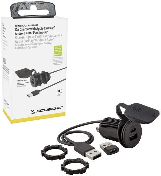 Main image of Scosche PowerVolt Dash Port 27W USB-C Car Charger with Data Pass-Through | USB Relocator for Apple CarPlay & Android Auto with 27W USB-C Charging and USB-A Port for Data Pass-Through Only