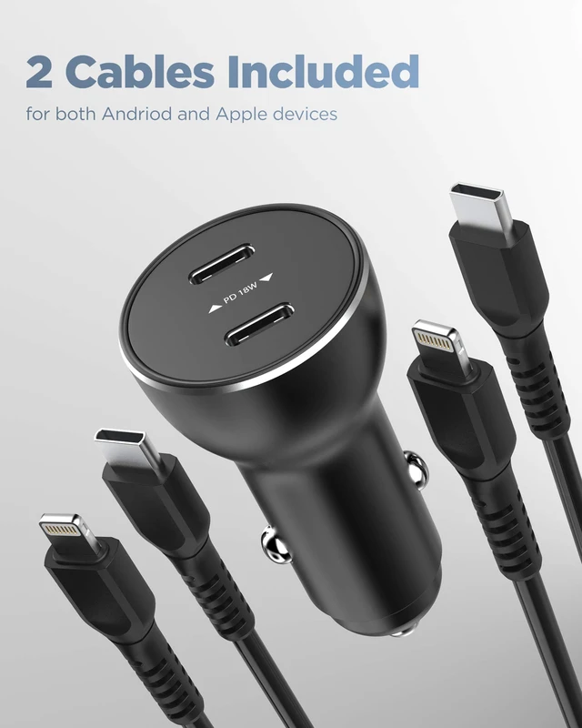 Alt view image 2 of 7 - Galvanox Dual iPhone Car Charger, 2X Fast Charging Ports with 2X USB-C to Lightning Cables for iPhone 11/12/13/ iPhone 14 Pro Max (Black)