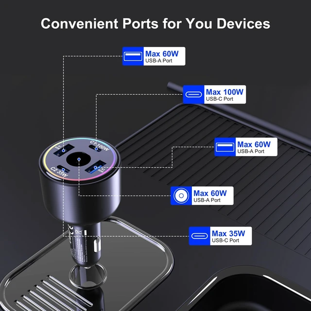 Alt view image 2 of 7 - Ubigbuy 255W USB C Car Charger for Starlink Mini | 5-Port 60W DC Port & 100W PD Fast Charging, Compatible with MacBook, iPhone 17/16 Pro Max, Galaxy S25 Ultra etc