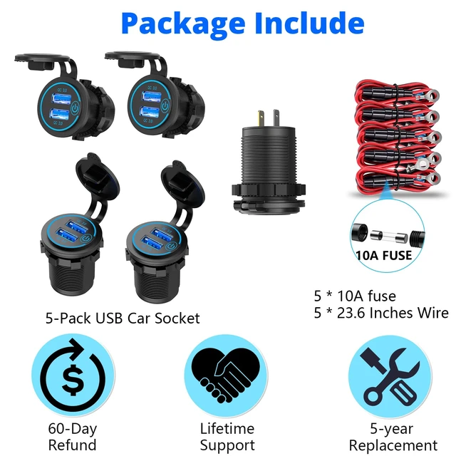 Alt view image 7 of 7 - 5 Pack Quick Charge 3.0 12V USB Outlet, Qidoe Waterproof QC3.0 Dual USB Power Outlet with Touch Switch Fast Car Charger Socket for 12V-24V Car Golf Cart Boat RV Motorcycle - More Affordable Pack