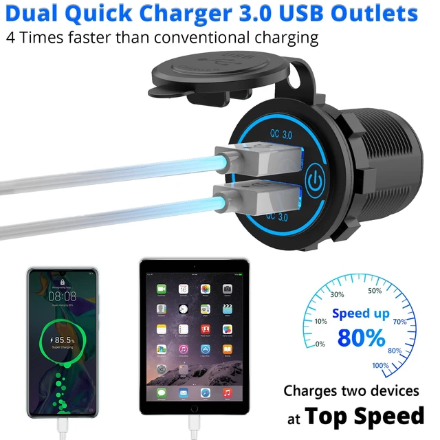 Alt view image 3 of 7 - 5 Pack Quick Charge 3.0 12V USB Outlet, Qidoe Waterproof QC3.0 Dual USB Power Outlet with Touch Switch Fast Car Charger Socket for 12V-24V Car Golf Cart Boat RV Motorcycle - More Affordable Pack
