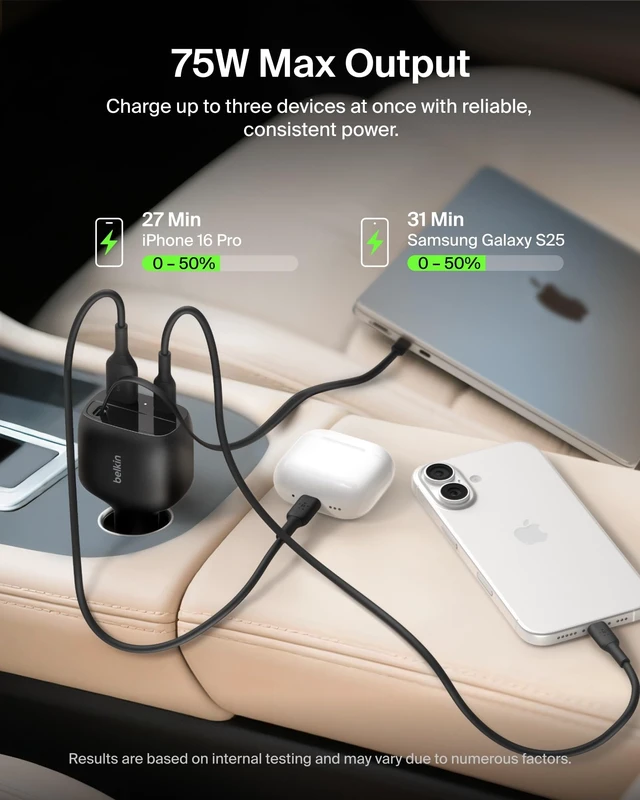 Alt view image 2 of 7 - Belkin 75W USB C Car Charger, with 2.5ft. Retractable Cable | iPhone 15/16/17, Samsung Galaxy S26, AirPods, iPads, MacBook, Chromebook, Car Phone Charger