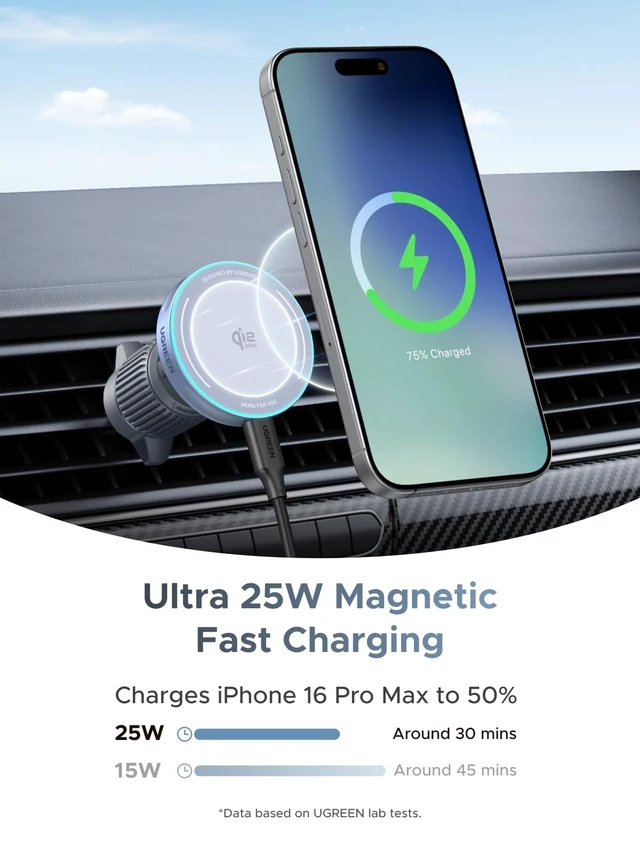 Alt view image 2 of 7 - UGREEN MagFlow 25W Qi2.2 MagSafe Compatible Wireless Car Charger | Air Vent Clip and Fast Power, 360°Adjustable Car Phone Holder for iPhone 18-12 Series and More, Includes USB-C Cable