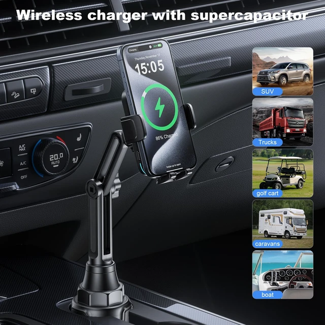 Alt view image 6 of 7 - Wireless Car Charger Car Cup Phone Holder 15W Fast Charging Auto Clamping | Car Charger Dual Port PD&QC3.0 for iPhone16/15/14/13/12/11 Pro Max Xs, Samsung Galaxy S24 Ultra S23 S22 S21 S20