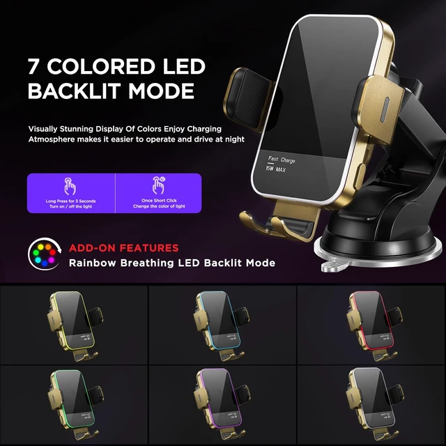 Alt view image 2 of 7 - Wireless Car Charger,7 Colored RGB Backlit 15W Auto Clamping Phone Holders for Your Car for iPhone 16 15 14 13 12 Mini Pro Max 11 XR XS X, Samsung Galaxy S24 Ultra S23 S22 S21+ Note 20, etc - Gold